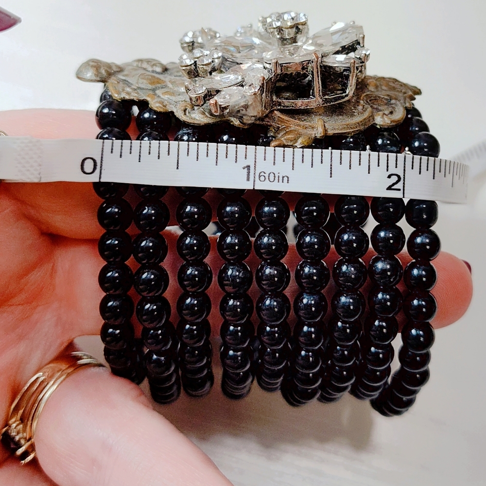 Upcycled Hand Crafted Extra Wide Black Bead Rhinestone Brass Cherub Bracelet - Picture 10 of 13